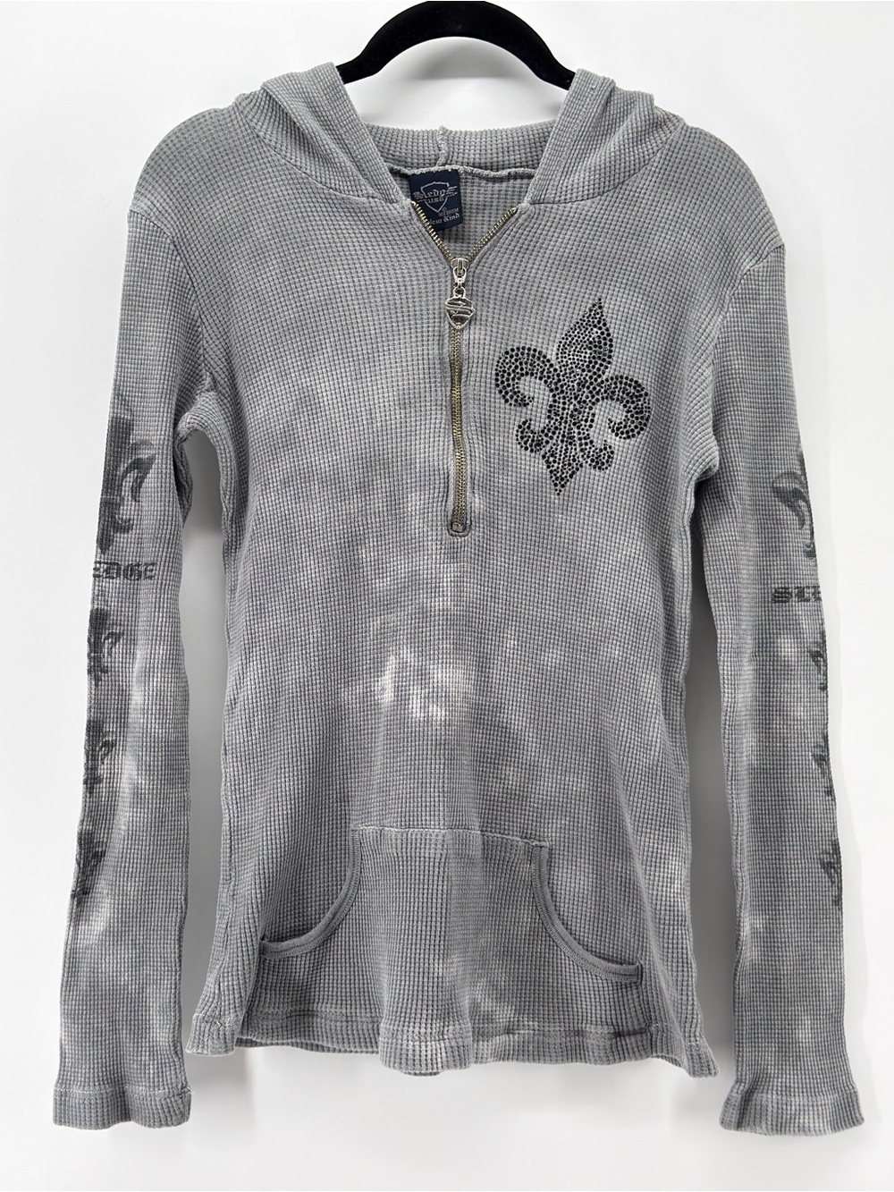 Sledge Hooded Waffle Knit back bling Y2K Henley grey embellish goth dark vintage